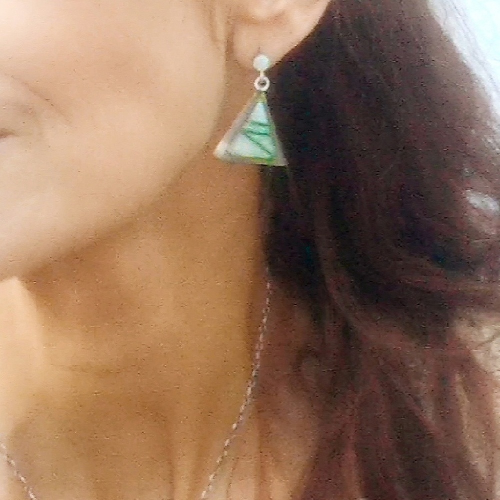 Vintage Sterling Silver & Opal Triangle Earrings - Picture 6 of 7